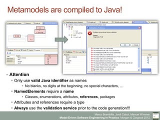Marco Brambilla, Jordi Cabot, Manuel Wimmer.
Model-Driven Software Engineering In Practice. Morgan & Claypool 2012.
Metamodels are compiled to Java!
§  Attention
§  Only use valid Java identifier as names
§  No blanks, no digits at the beginning, no special characters, …
§  NamedElements require a name
§  Classes, enumerations, attributes, references, packages
§  Attributes and references require a type
§  Always use the validation service prior to the code generation!!!
 