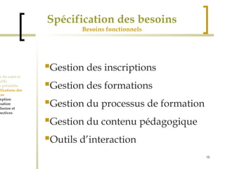 15 
Spécification des besoins 
Besoins fonctionnels 
Cadre du sujet et 
Objectifs 
Etude préalable 
Spécifications des 
besoins 
Conception 
Réalisation 
Conclusion et 
perspectives 
Gestion des inscriptions 
Gestion des formations 
Gestion du processus de formation 
Gestion du contenu pédagogique 
Outils d’interaction 
 