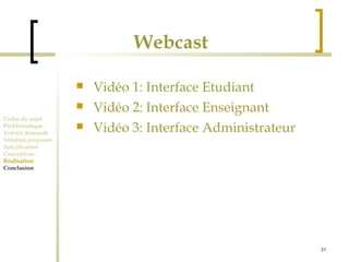 Webcast 
 Vidéo 1: Interface Etudiant 
 Vidéo 2: Interface Enseignant 
 Vidéo 3: Interface Administrateur Cadre du sujet 
Problématique 
Travail demandé 
Solution proposée 
Spécification 
Conception 
Réalisation 
Conclusion 
31 
 