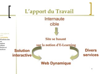 8 
L’apport du Travail 
Cadre du sujet et 
Objectifs 
Etude préalable 
Spécifications des 
besoins 
Conception 
Réalisation 
Conclusion et 
perspectives 
Internaute 
cible 
Site se basant 
sur la notion d’E-Learning 
Solution 
interactive 
Divers 
services 
Web Dynamique 
 