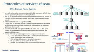 Protocoles et services réseau
 Lors de la présentation des couches du modèle OSI, nous avons défini le Web
comme application phare de la couche application.
 DNS est un service de résolution de nom permettant d’obtenir une adresse IP
à partir d’un nom de domaine, appelé aussi FQDN (Fully Qualified Domain
Name) .
 L’IANA a affecté le port 53 au protocole DNS .
 Chaque hôte sur le réseau dispose d’une liste initiale de serveurs DNS racine
qui délèguent récursivement la résolution de l’adresse à des serveurs plus
spécifiques dits récursifs .
 Les serveurs récursifs font également office de cache, c’est - à -dire qu’ils
gardent en mémoire les réponses déjà apportées pour économiser des
requêtes ultérieurement .
 Il existe différents types d’enregistrements . Les plus courants sont :
 A , qui retourne une adresse IPv4 à partir d’un nom de domaine .
 AAAA , qui retourne une adresse IPv6 .
 MX , qui fournit les serveurs de mail d’un domaine .
 NS , qui définit les serveurs DNS du domaine .
 CNAME , qui permet de créer un alias de nom de domaine .
DNS : Domain Name System
Formateur : Yassine DIOURI
 