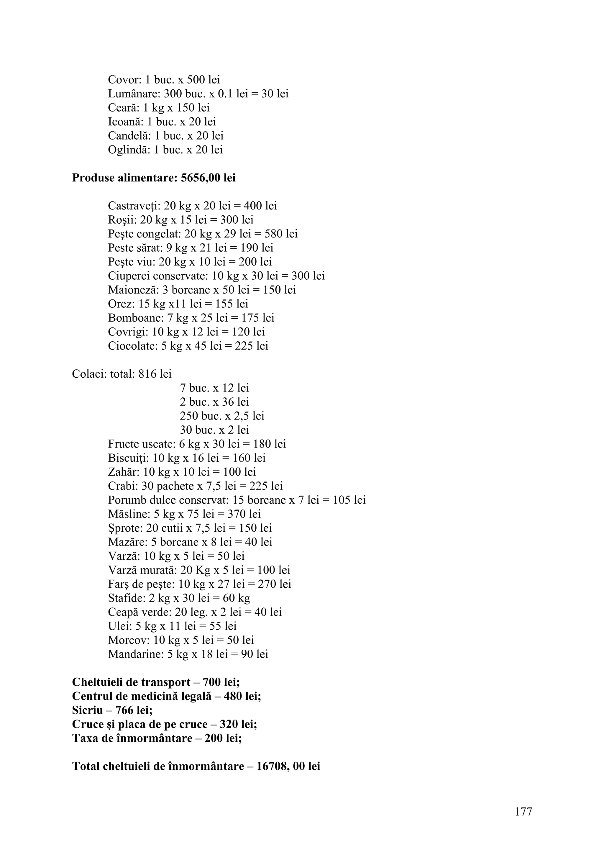 177
Covor: 1 buc. x 500 lei
Lumânare: 300 buc. x 0.1 lei = 30 lei
Ceară: 1 kg x 150 lei
Icoană: 1 buc. x 20 lei
Candelă: 1 buc. x 20 lei
Oglindă: 1 buc. x 20 lei
Produse alimentare: 5656,00 lei
Castraveţi: 20 kg x 20 lei = 400 lei
Roşii: 20 kg x 15 lei = 300 lei
Peşte congelat: 20 kg x 29 lei = 580 lei
Peste sărat: 9 kg x 21 lei = 190 lei
Peşte viu: 20 kg x 10 lei = 200 lei
Ciuperci conservate: 10 kg x 30 lei = 300 lei
Maioneză: 3 borcane x 50 lei = 150 lei
Orez: 15 kg x11 lei = 155 lei
Bomboane: 7 kg x 25 lei = 175 lei
Covrigi: 10 kg x 12 lei = 120 lei
Ciocolate: 5 kg x 45 lei = 225 lei
Colaci: total: 816 lei
7 buc. x 12 lei
2 buc. x 36 lei
250 buc. x 2,5 lei
30 buc. x 2 lei
Fructe uscate: 6 kg x 30 lei = 180 lei
Biscuiţi: 10 kg x 16 lei = 160 lei
Zahăr: 10 kg x 10 lei = 100 lei
Crabi: 30 pachete x 7,5 lei = 225 lei
Porumb dulce conservat: 15 borcane x 7 lei = 105 lei
Măsline: 5 kg x 75 lei = 370 lei
Şprote: 20 cutii x 7,5 lei = 150 lei
Mazăre: 5 borcane x 8 lei = 40 lei
Varză: 10 kg x 5 lei = 50 lei
Varză murată: 20 Kg x 5 lei = 100 lei
Farş de peşte: 10 kg x 27 lei = 270 lei
Stafide: 2 kg x 30 lei = 60 kg
Ceapă verde: 20 leg. x 2 lei = 40 lei
Ulei: 5 kg x 11 lei = 55 lei
Morcov: 10 kg x 5 lei = 50 lei
Mandarine: 5 kg x 18 lei = 90 lei
Cheltuieli de transport – 700 lei;
Centrul de medicină legală – 480 lei;
Sicriu – 766 lei;
Cruce şi placa de pe cruce – 320 lei;
Taxa de înmormântare – 200 lei;
Total cheltuieli de înmormântare – 16708, 00 lei
 
