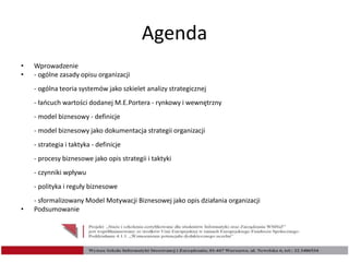 Agenda
• Wprowadzenie
• - ogólne zasady opisu organizacji
- ogólna teoria systemów jako szkielet analizy strategicznej
- ł...