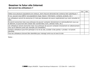 Dessiner le futur site Internet
Qui seront les utilisateurs ?

                                                                                                               Oui   Non
Ciblez-vous plusieurs populations de visiteurs, dont chacune demande des contenus bien spécifiques ?
Si oui, pouvez-vous définir ces populations (type, besoin, information, contacts, produits, etc.)
Les utilisateurs seront-ils anonymes (il n’est pas nécessaire de savoir explicitement qui vient consulter le
site).
Ils seront anonymes mais vous prévoyez de pouvoir contacter directement et individuellement ceux qui
le désirent, ils pourront donc laisser des coordonnées (nom, adresse mails, etc.)
Les utilisateurs seront anonymes mais vous prévoyez de pouvoir contacter directement et collectivement
ceux qui le désirent (avec par exemple une newsletter)
Certains utilisateurs pourront participer à la vie du site, accéder à des parties « privées » et seront
identifiés
Tous les utilisateurs doivent être identifiés pour interagir entre eux et avec le site

Notes :




                              Grégory MAUBON – Espace Numérique Professionnel – CCI Côte-d’Or – Juillet 2012
 