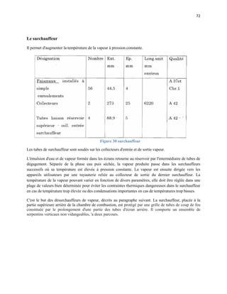 72
Le surchauffeur
Il permet d'augmenter la température de la vapeur à pression constante.
Figure 30 surchauffeur
Les tubes de surchauffeur sont soudés sur les collecteurs d'entrée et de sortie vapeur.
L'émulsion d'eau et de vapeur formée dans les écrans retourne au réservoir par l'intermédiaire de tubes de
dégagement. Séparée de la phase eau puis séchée, la vapeur produite passe dans les surchauffeurs
successifs où sa température est élevée à pression constante. La vapeur est ensuite dirigée vers les
appareils utilisateurs par une tuyauterie reliée au collecteur de sortie du dernier surchauffeur. La
température de la vapeur pouvant varier en fonction de divers paramètres, elle doit être réglée dans une
plage de valeurs bien déterminée pour éviter les contraintes thermiques dangereuses dans le surchauffeur
en cas de température trop élevée ou des condensations importantes en cas de températures trop basses.
C'est le but des désurchauffeurs de vapeur, décrits au paragraphe suivant. La surchauffeur, placée à la
partie supérieure arrière de la chambre de combustion, est protégé par une grille de tubes de coup de feu
constituée par le prolongement d'une partie des tubes d'écran arrière. Il comporte un ensemble de
serpentins verticaux non vidangeables, 'a deux parcours.
 