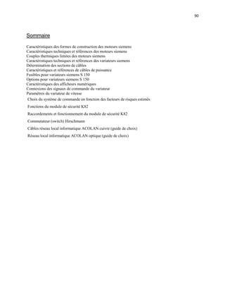 90
Sommaire
Caractéristiques des formes de construction des moteurs siemens
Caractéristiques techniques et références des moteurs siemens
Couples thermiques limites des moteurs siemens
Caractéristiques techniques et références des variateurs siemens
Détermination des sections de câbles
Caractéristiques et références de câbles de puissance
Fusibles pour variateurs siemens S 150
Options pour variateurs siemens S 150
Caractéristiques des afficheurs numériques
Connexions des signaux de commande du variateur
Paramètres du variateur de vitesse
Choix du système de commande en fonction des facteurs de risques estimés
Fonctions du module de sécurité K82
Raccordements et fonctionnement du module de sécurité K82
Commutateur (switch) Hirschmann
Câbles réseau local informatique ACOLAN cuivre (guide de choix)
Réseau local informatique ACOLAN optique (guide de choix)
 