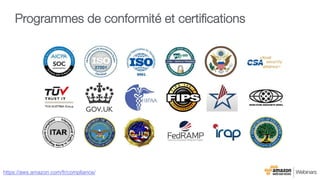 Programmes de conformité et certiﬁcations "

https://aws.amazon.com/fr/compliance/
 