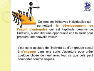                        Ce sont ces initiatives individuelles qui                        permettent le développement de l’esprit d’entreprise qui est l’aptitude créative de l’individu, à identifier une opportunité et à la saisir pour produire une nouvelle valeur. c’est cette aptitude de l’individu ou d’un groupe social à s’engager dans une sorte d’aventure pour créer quelque chose de neuf avec tout ce que cela peut comporter comme risques. 9