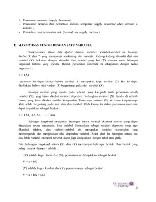 15
4. Penawaran menurun (supply descrease)
5. Penawaran menurun dan permintaan inelastis sempurna (supply descrease when demand is
inelastic)
6. Permintaan dan penawaran naik (demand and supply increase)
E. MAKSIMISASI FUNGSI DENGAN SATU VARIABEL
Elemen-elemen dasar dari aljabar dinamai variabel. Variabel-variabel ini biasanya
disebut X dan Y yang mempunyai sembarang nilai numerik. Kadang-kadang nilai-nilai dari satu
variabel (Y) berkaitan dengan nilai-nilai dari variabel yang lain (X) menurut suatu hubungan
fungsional tertentu yang spesifik. Bentuk persamaan matematis ini ditunjukkan dengan notasi
fungsional :
Y = f(X)
Persamaan ini dapat dibaca bahwa variabel (Y) merupakan fungsi variabel (X). Hal ini dapat
ditafsirkan bahwa nilai varibel (Y) bergantung pada nilai variabel (X).
Biasanya variabel yang berada pada sebelah ruas kiri pada suatu persamaan adalah
variabel (Y), yang biasa disebut variabel dependen. Sedangkan variabel (X) berada di sebelah
kanan, yang biasa disebut variabel independen. Tentu saja variabel (Y) ini dalam kenyataannya
tidak selalu bergantung pada satu atau dua variabel. Oleh karena itu dalam persamaan matematis
dapat dinyatakan sebagai berikut :
Y = f(X1, X2, X3, ……., Xn)
Hubungan fungsional merupakan hubungan antara variabel ekonomi tertentu yang dapat
dinyatakan secara matematis. Satu variabel ditempatkan sebagai variabel dependen yang ingin
diketahui nilainya, dan variabel-variabel lain merupakan variabel independen yang
mempengaruhi dan menjelaskan nilai dependen variabel. Selain dari itu hubungan antara dua
atau lebih variabel ekonomi tersebut dapat juga ditunjukkan dengan tabel atau grafik.
Tata hubungan fungsional antara (X) dan (Y) mempunyai beberapa bentuk. Dua bentuk yang
paling banyak dijumpai adalah :
1. (Y) adalah fungsi linear dari (X), persamaan ini ditunjukkan sebagai berikut :
Y = a + bX
(Y) adalah fungsi kuadrat dari (X), persamaannya sebagai berikut :
Y = a + bX + cX2
 