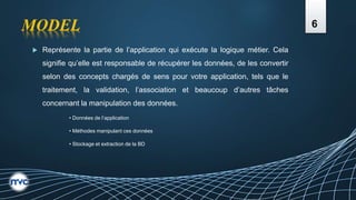 MODEL
 Représente la partie de l’application qui exécute la logique métier. Cela
signifie qu’elle est responsable de récupérer les données, de les convertir
selon des concepts chargés de sens pour votre application, tels que le
traitement, la validation, l’association et beaucoup d’autres tâches
concernant la manipulation des données.
• Données de l’application
• Méthodes manipulant ces données
• Stockage et extraction de la BD
6
 
