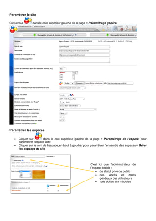 Paramétrer le site
Cliquer sur dans le coin supérieur gauche de la page = Paramétrage général
Paramétrer les espaces
• Cliquer sur dans le coin supérieur gauche de la page = Paramétrage de l’espace, pour
paramétrer l’espace actif
• Cliquer sur le nom de l’espace, en haut à gauche, pour paramétrer l’ensemble des espaces = Gérer
les espaces du site
C’est ici que l’administrateur de
l’espace décide :
• du statut privé ou public
• des accès et droits
généraux des utilisateurs
• des accès aux modules
 