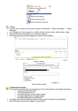 
Forum
• Le forum est un espace de discussion organisé et hiérarchisé : Thèmes (facultatifs) → Sujets →
Messages
• Les messages sont mis en page via un éditeur de texte : police, couleur, taille, tableau, image
• Chaque thème peut être affecté à un ou plusieurs espaces.
• Des fichiers joints peuvent être intégrés aux sujets et aux messages.
Ajouter un message
Gérer les thèmes des sujets
Gestionnaire de tâches
• Cet outil gère des tâches dans une arborescence. Pour chaque tâche, il est possible de préciser :
o une date de début et/ou de fin
o un état d'avancement en %
o une priorité (basse, normale, haute, critique)
o un budget disponible et un budget engagé
o des responsables parmi les utilisateurs
• Un diagramme de Gantt simplifié est affiché si des périodes de début/fin sont spécifiées.
• Des fichiers joints peuvent être intégrés à chaque tâche.
 