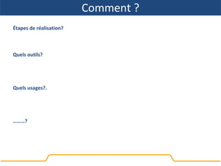 Comment ?
Étapes de réalisation?
Quels outils?
Quels usages?.
………?