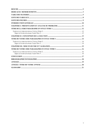 RESUME ............................................................................................................................................................... 5
DEDICACES / REMERCIEMENTS .................................................................................................................. 3
TABLE DES MATIERES .................................................................................................................................... 5
LISTE DES TABLEAUX ..................................................................................................................................... 8
LISTE DES FIGURES ......................................................................................................................................... 9
INTRODUCTION GENERALE ....................................................................................................................... 10
CHAPITRE I : PRESENTATION ET ANALYSE DU PROBLEME............................................................ 11
TITRE DE LA 1ERE PARAGRAPHE EN STYLE TITRE 1 ........................................................................ 12
   TAPEZ ICI LE TITRE DE NIVEAU 2 STYLE TITRE 2 ................................................................................................ 12
     Tapez ici le titre de niveau 3 style Titre 3 ..................................................................................................... 12
CHAPITRE II : CONCEPTION DE LA SOLUTION .................................................................................... 13
TITRE DE VOTRE 1ERE PARAGRAPHE EN STYLE TITRE 1 ............................................................... 14
   TAPEZ ICI LE TITRE DE NIVEAU 2 STYLE TITRE 2 ................................................................................................ 14
     Tapez ici le titre de niveau 3 style Titre 3 ..................................................................................................... 14
CHAPITRE III : MISE EN ŒUVRE ET VALIDATION............................................................................... 15
TITRE DE VOTRE 1ERE PARAGRAPHE EN STYLE TITRE 1 ............................................................... 16
   TAPEZ ICI LE TITRE DE NIVEAU 2 STYLE TITRE 2 ................................................................................................ 16
     Tapez ici le titre de niveau 3 style Titre 3 ..................................................................................................... 16
CONCLUSION ................................................................................................................................................... 17
BIBLIOGRAPHIE/NETOGRAPHIE ............................................................................................................... 18
ANNEXES ........................................................................................................................................................... 19
ANNEXE 1 TITRE DE VOTRE ANNEXE ...................................................................................................... 20
GLOSSAIRE ....................................................................................................................................................... 21




                                                                                                                                                                      7
 