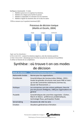 5
Intelligence émotionnelle : 4 volets
1. Habilité à percevoir et à exprimer les émotions,
2. Habilité à les intégrer pour faciliter la pensée
3. Habilité à comprendre et à raisonner avec les émotions
4. Habilité à réguler les émotions chez soi et chez les autres
→Elle se mesure avec le quotient émotionnel (QE)
Agir sur les émotions :
LE PLUS SOUVENT : contenir les émotions négatives, créer des émotions positives
AUTRE UTILISATION : dramaturgie pour favoriser une prise de conscience d’un problème
A utiliser en fonction de ses compétences.
Téléchargé par Dramane Konate (dkona4@gmail.com)
lOMoARcPSD|12430891
 