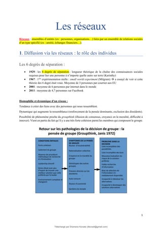 1
Les réseaux
Réseaux : ensembles d’entités (ex : personnes, organisations…) liées par un ensemble de relations sociales
d’un type spécifié (ex : amitié, échanges financiers…).
1. Diffusion via les réseaux : le rôle des individus
Les 6 degrés de séparation :
• 1929 : les 6 degrés de séparation : longueur théorique de la chaîne des connaissances sociales
requises pour lier une personne à n’importe quelle autre sur terre (Karinthy)
• 1967 : 1ère expérimentation réelle : small world experiment (Milgram) → a essayé de voir si cette
théorie des 6 degré était vraie. Moyenne de 3 personnes par courrier aux EU
• 2001 : moyenne de 6 personnes par internet dans le monde
• 2011 : moyenne de 4,7 personnes sur Facebook
Homophilie et dynamique d’un réseau :
Tendance à créer des liens avec des personnes qui nous ressemblent.
Dynamique qui augmente la ressemblance (renforcement de la pensée dominante, exclusion des dissidents).
Possibilité de phénomène proche du groupthink (illusion de consensus, croyance en la moralité, difficulté à
innover). Vient en partie du fait qu’il y a une très forte cohésion parmi les membres qui composent le groupe.
Téléchargé par Dramane Konate (dkona4@gmail.com)
lOMoARcPSD|12430891
 