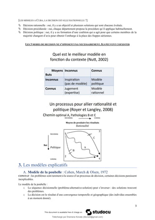 3
[LES MISSILES A CUBA, LA DECISION EST-ELLE RATIONNELLE ?]
 Décision rationnelle : oui, il y a un objectif et plusieurs solutions qui sont chacune évaluée.
 Décision procédurale : oui, chaque département propose la procédure qu’il applique habituellement.
 Décision politique : oui, il y a eu formation d’une coalition qui a agit pour que certains membres de la
majorité changent d’avis pour obtenir l’embargo à la place des frappes aériennes.
LES 3 MODES DE DECISION NE S’OPPOSENT PAS NECESSAIREMENT. ILS PEUVENT COEXISTER
3. Les modèles explicatifs
A. Modèle de la poubelle : Cohen, March & Olsen, 1972
CONSTAT : les problèmes sont rarement à la source d’un processus de décision, certaines décisions paraissent
inexplicables.
Le modèle de la poubelle :
o La séquence décisionnelle (problème-alternative-solution) peut s’inverser : des solutions trouvent
des problèmes.
o La décision est le résultat d’une convergence temporelle et géographique (des individus ensembles
à un moment donné).
Téléchargé par Dramane Konate (dkona4@gmail.com)
lOMoARcPSD|12430891
 