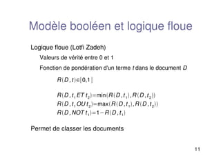 11
Modèle booléen et logique floue
Logique floue (Lotfi Zadeh)
Valeurs de vérité entre 0 et 1
Fonction de pondération d'un terme t dans le document D
Permet de classer les documents
RD ,t  0,1
RD ,t1 ET t2minR D ,t 1,R D ,t 2
RD ,t1 OU t 2maxR D ,t 1,R D ,t 2
RD ,NOT t 11RD ,t1
 