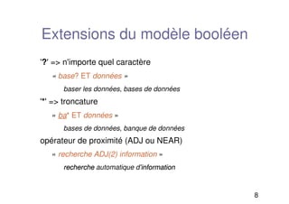 8
Extensions du modèle booléen
'?' = n'importe quel caractère
« base
 ? ET données »

baser les données, bases de données
'*' = troncature
«ba* ET données»
bases de données, banque de données
opérateur de proximité (ADJ ou NEAR)
«recherche ADJ(2) information »

recherche
recherche automatique d'information
information
 