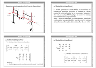 Robot Scara IBM

Robot Scara IBM

x0 , x1
z3 , z4
x2
y2

x3 , x4

Jean Michel Olive

y3 , y4

Robot Scara IBM

Robot Scara IBM

Le Modèle Géométrique Direct :

-S1
C1
0
0

0
0
1
0

0
0
0
1

Notations :
⇒ Ci et Si désignent respectivement le cosinus et le sinus de la variable θi

-S2
C2
0
0
j −1

0
0
1
0

d1
0
0
1

T j = Rot ( X , α j )Trans( X , d j ) Rot ( Z , θ j )Trans( Z , r j )

dj 
− Sinθ j
0
 Cosθ j


 Cosα j Sinθ j Cosα j Cosθ j − Sinα j − r j Sinα j 
=
 Sinα j Sinθ j Sinα j Cosθ j
Cosα j r j Cosα j 


0
0
1 
0

DIAM-IUSPIM Av. Esc. Normandie Niemen 13397 Marseille Cedex 20

C1
S1
0
T1 = 0
0

C2
S2
1
T2 = 0
0

1996

− Sinθ j
dj 
0
 Cosθ j


 Cosα j Sinθ j Cosα j Cosθ j − Sinα j − r j Sinα j 
=
 Sinα j Sinθ j Sinα j Cosθ j
Cosα j r j Cosα j 


0
0
1 
0

1996

T j = Rot ( X , α j )Trans( X , d j ) Rot ( Z , θ j )Trans( Z , r j )

DIAM-IUSPIM Av. Esc. Normandie Niemen 13397 Marseille Cedex 20

Le Modèle Géométrique Direct :

Jean Michel Olive

j −1

Jean Michel Olive

y0 , y1

DIAM-IUSPIM Av. Esc. Normandie Niemen 13397 Marseille Cedex 20

d2

Le modèle géométrique direct (MGD) est l’ensemble des
relations qui permettent d’exprimer la situation de l’organe
terminal du robot en fonction de ses coordonnées articulaires.
Pour cela, le calcul du MGD implique de calculer les matrices
de transformation de l’organe terminal.
Ainsi, à partir du tableau DH et compte tenu des matrices de
transformation homogène étudiées, nous écrivons les matrices
de transformation homogènes élémentaires iTi+1 de notre robot.

1996

z2

Jean Michel Olive

d1

1996

z0 , z1

Le Modèle Géométrique Direct :
DIAM-IUSPIM Av. Esc. Normandie Niemen 13397 Marseille Cedex 20

Paramètres géométriques du robot (Denavitt - Hartemberg) :

 
