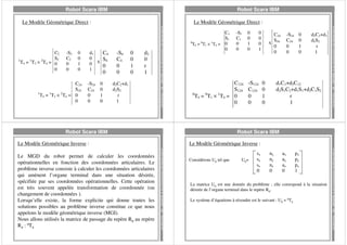 Robot Scara IBM

Robot Scara IBM

d2C2+d1
d2S2
r
1

C124
S124
0
0
1
T4 = T1 × T4 = 0
0

Robot Scara IBM

-S124
C124
0
0

C24
x S24
0
0

0
0
1
0

-S24
C24
0
0

0
0
1
0

d2C2+d1
d2S2
r
1

d1C1+d2C12
d2S1C2+d1S1+d2C1S2
r
1

Robot Scara IBM

Le Modèle Géométrique Inverse :

Considérons U0 tel que

U0 =

sx
sy
sz
0

nx
ny
nz
0

ax
ay
az
0

px
py
pz
1

La matrice U0 est une donnée du problème ; elle correspond à la situation
désirée de l’organe terminal dans le repère R0.

1996
Jean Michel Olive

Le système d’équations à résoudre est le suivant : U0 = 0T4

1996

DIAM-IUSPIM Av. Esc. Normandie Niemen 13397 Marseille Cedex 20

Le Modèle Géométrique Inverse :

Jean Michel Olive

Le MGD du robot permet de calculer les coordonnées
opérationnelles en fonction des coordonnées articulaires. Le
problème inverse consiste à calculer les coordonnées articulaires
qui amènent l’organe terminal dans une situation désirée,
spécifiée par ses coordonnées opérationnelles. Cette opération
est très souvent appelée transformation de coordonnée (ou
changement de coordonnées ).
Lorsqu’elle existe, la forme explicite qui donne toutes les
solutions possibles au problème inverse constitue ce que nous
appelons le modèle géométrique inverse (MGI).
Nous allons utilisés la matrice de passage du repère R0 au repère
R4 : 0T4

0
0
0
1

DIAM-IUSPIM Av. Esc. Normandie Niemen 13397 Marseille Cedex 20

0
0
1
0

d2
0
r
1

0
0
1
0

1996

-S24
C24
0
0

0
0
1
0

-S1
C1
0
0

Jean Michel Olive

C24
S24
1
T4 = 1T2 × 2T4 = 0
0

0

-S4
C4
0
0

C1
S1
0
T4 = 0T1 × 1T4 = 0
0

DIAM-IUSPIM Av. Esc. Normandie Niemen 13397 Marseille Cedex 20

d1
C4
0
S4
0 x 0
1

0
0
1
0

1996

-S2
C2
0
0

Jean Michel Olive

C2
S2
1
T4 = 1T2 × 2T4 = 0
0

Le Modèle Géométrique Direct :
DIAM-IUSPIM Av. Esc. Normandie Niemen 13397 Marseille Cedex 20

Le Modèle Géométrique Direct :

 