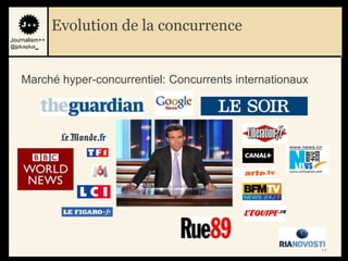 Evolution de la concurrence
Journalism++
@jplusplus_




    Marché hyper-concurrentiel: Concurrents internationaux




                                                             11
 