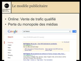 Le modèle publicitaire
Journalism++
@jplusplus_




    • Online: Vente de trafic qualifié
    • Perte du monopole des médias




                                         18   18
 