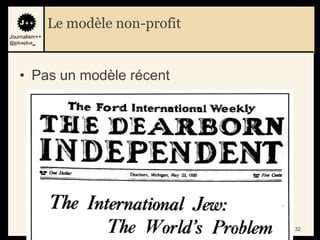 Le modèle non-profit
Journalism++
@jplusplus_




    • Pas un modèle récent




                                      32   32
 