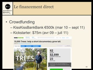 Le financement direct
Journalism++
@jplusplus_




    • Crowdfunding
              – KissKissBankBank €500k (mar 10 – sept 11)
              – Kickstarter: $75m (avr 09 – juil 11)




                                               44           44
 