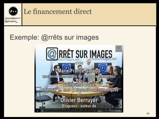 Le financement direct
Journalism++
@jplusplus_




    Exemple: @rrêts sur images




                                       48
 