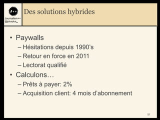 Des solutions hybrides
Journalism++
@jplusplus_




    • Paywalls
              – Hésitations depuis 1990‟s
              – Retour en force en 2011
              – Lectorat qualifié
    • Calculons…
              – Prêts à payer: 2%
              – Acquisition client: 4 mois d‟abonnement


                                                          51
 