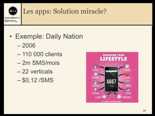 Les apps: Solution miracle?
Journalism++
@jplusplus_




    • Exemple: Daily Nation
              – 2006
              – 110 000 clients
              – 2m SMS/mois
              – 22 verticals
              – $0,12 /SMS



                                              58
 