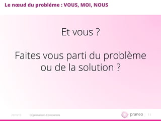 11Organisations Conscientes20/10/15
Le nœud du probléme : VOUS, MOI, NOUS
Et vous ?
Faites vous parti du problème
ou de la solution ?
 