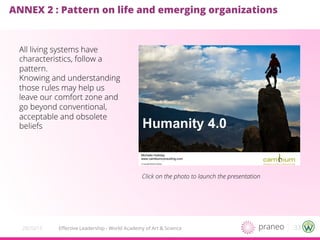 33Eﬀective Leadership - World Academy of Art & Science20/10/15
ANNEX 2 : Pattern on life and emerging organizations
All living systems have
characteristics, follow a
pattern.
Knowing and understanding
those rules may help us
leave our comfort zone and
go beyond conventional,
acceptable and obsolete
beliefs
Click on the photo to launch the presentation
 