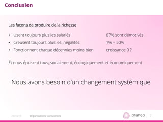 7Organisations Conscientes20/10/15
Conclusion
Les façons de produire de la richesse
•  Usent toujours plus les salariés 87% sont démotivés
•  Creusent toujours plus les inégalités 1% = 50%
•  Fonctionnent chaque décennies moins bien croissance 0 ?
Et nous épuisent tous, socialement, écologiquement et économiquement
Nous avons besoin d’un changement systémique
 
