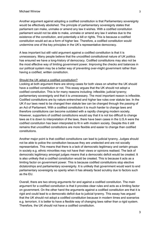 Model essay Should the UK adopt a codified constitution