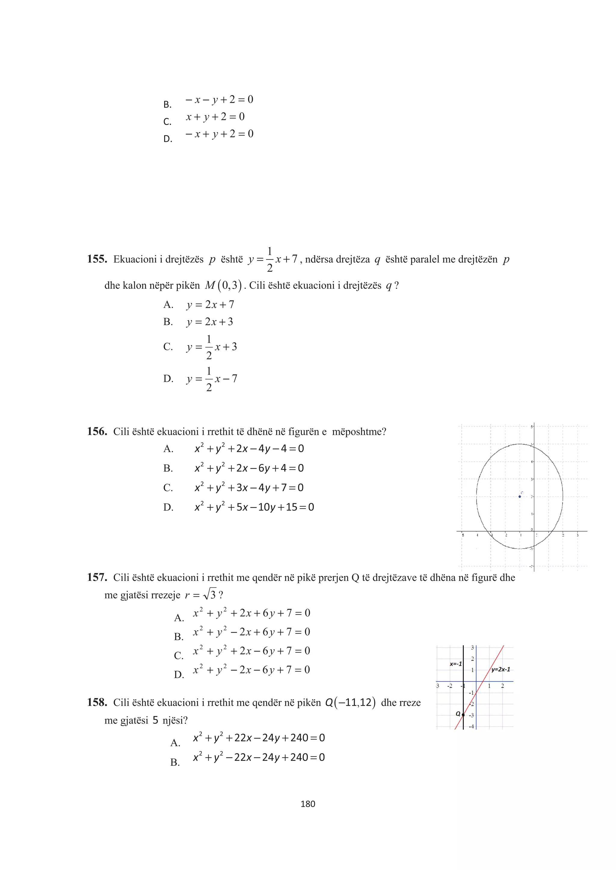 B. 02 =+−− yx
C. 02 =++ yx
D. 02 =++− yx
155. Ekuacioni i drejtëzës p është
1
7
2
y x= + , ndërsa drejtëza q është paralel me drejtëzën p
dhe kalon nëpër pikën ( )0,3M . Cili është ekuacioni i drejtëzës q ?
A. 72 += xy
B. 32 += xy
C. 3
2
1
+= xy
D. 7
2
1
−= xy
156. Cili është ekuacioni i rrethit të dhënë në figurën e mëposhtme?
A. + + − − =x y x y2 2
2 4 4 0
B. + + − + =x y x y2 2
2 6 4 0
C. + + − + =x y x y2 2
3 4 7 0
D. + + − + =x y x y2 2
5 10 15 0
157. Cili është ekuacioni i rrethit me qendër në pikë prerjen Q të drejtëzave të dhëna në figurë dhe
me gjatësi rrezeje 3=r ?
A. 076222
=++++ yxyx
B. 076222
=++−+ yxyx
C. 076222
=+−++ yxyx
D. 076222
=+−−+ yxyx
158. Cili është ekuacioni i rrethit me qendër në pikën ( ),Q −11 12 dhe rreze
me gjatësi 5 njësi?
A. x y x y+ + − + =2 2
22 24 240 0
B. x y x y+ − − + =2 2
22 24 240 0
180
 