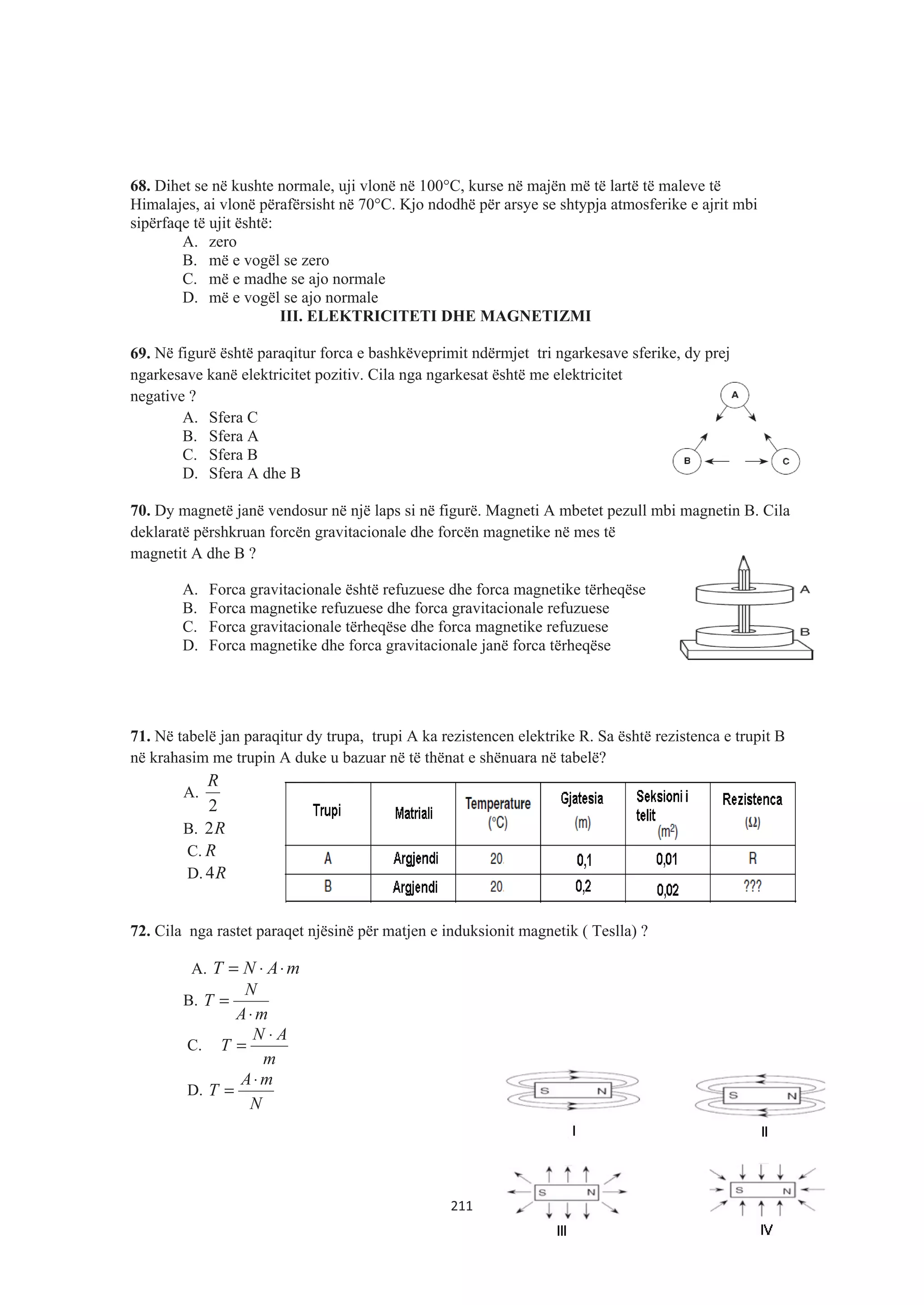 68. Dihet se në kushte normale, uji vlonë në 100°C, kurse në majën më të lartë të maleve të
Himalajes, ai vlonë përafërsisht në 70°C. Kjo ndodhë për arsye se shtypja atmosferike e ajrit mbi
sipërfaqe të ujit është:
A. zero
B. më e vogël se zero
C. më e madhe se ajo normale
D. më e vogël se ajo normale
III. ELEKTRICITETI DHE MAGNETIZMI
69. Në figurë është paraqitur forca e bashkëveprimit ndërmjet tri ngarkesave sferike, dy prej
ngarkesave kanë elektricitet pozitiv. Cila nga ngarkesat është me elektricitet
negative ?
A. Sfera C
B. Sfera A
C. Sfera B
D. Sfera A dhe B
70. Dy magnetë janë vendosur në një laps si në figurë. Magneti A mbetet pezull mbi magnetin B. Cila
deklaratë përshkruan forcën gravitacionale dhe forcën magnetike në mes të
magnetit A dhe B ?
A. Forca gravitacionale është refuzuese dhe forca magnetike tërheqëse
B. Forca magnetike refuzuese dhe forca gravitacionale refuzuese
C. Forca gravitacionale tërheqëse dhe forca magnetike refuzuese
D. Forca magnetike dhe forca gravitacionale janë forca tërheqëse
71. Në tabelë jan paraqitur dy trupa, trupi A ka rezistencen elektrike R. Sa është rezistenca e trupit B
në krahasim me trupin A duke u bazuar në të thënat e shënuara në tabelë?
A.
2
R
B. R2
C. R
D. R4
72. Cila nga rastet paraqet njësinë për matjen e induksionit magnetik ( Teslla) ?
A. mANT ⋅⋅=
B.
mA
N
T
⋅
=
C.
m
AN
T
⋅
=
D.
N
mA
T
⋅
=
211
 