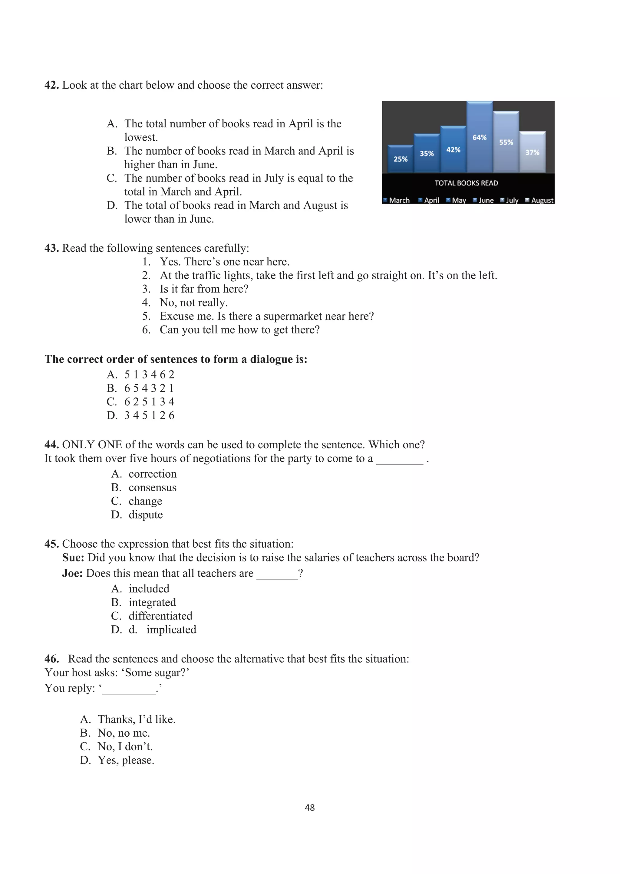 42. Look at the chart below and choose the correct answer:
A. The total number of books read in April is the
lowest.
B. The number of books read in March and April is
higher than in June.
C. The number of books read in July is equal to the
total in March and April.
D. The total of books read in March and August is
lower than in June.
43. Read the following sentences carefully:
1. Yes. There’s one near here.
2. At the traffic lights, take the first left and go straight on. It’s on the left.
3. Is it far from here?
4. No, not really.
5. Excuse me. Is there a supermarket near here?
6. Can you tell me how to get there?
The correct order of sentences to form a dialogue is:
A. 5 1 3 4 6 2
B. 6 5 4 3 2 1
C. 6 2 5 1 3 4
D. 3 4 5 1 2 6
44. ONLY ONE of the words can be used to complete the sentence. Which one?
It took them over five hours of negotiations for the party to come to a ________ .
A. correction
B. consensus
C. change
D. dispute
45. Choose the expression that best fits the situation:
Sue: Did you know that the decision is to raise the salaries of teachers across the board?
Joe: Does this mean that all teachers are _______?
A. included
B. integrated
C. differentiated
D. d. implicated
46. Read the sentences and choose the alternative that best fits the situation:
Your host asks: ‘Some sugar?’
You reply: ‘_________.’
A. Thanks, I’d like.
B. No, no me.
C. No, I don’t.
D. Yes, please.
48
 