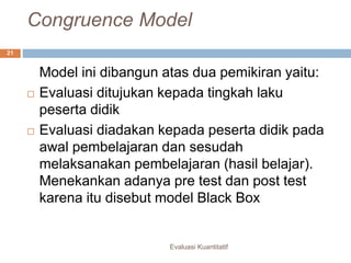 Congruence Model
Evaluasi Kuantitatif
21
Model ini dibangun atas dua pemikiran yaitu:
 Evaluasi ditujukan kepada tingkah laku
peserta didik
 Evaluasi diadakan kepada peserta didik pada
awal pembelajaran dan sesudah
melaksanakan pembelajaran (hasil belajar).
Menekankan adanya pre test dan post test
karena itu disebut model Black Box
 