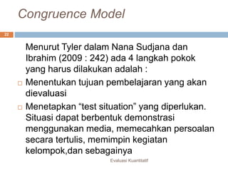 Congruence Model
Evaluasi Kuantitatif
22
Menurut Tyler dalam Nana Sudjana dan
Ibrahim (2009 : 242) ada 4 langkah pokok
yang harus dilakukan adalah :
 Menentukan tujuan pembelajaran yang akan
dievaluasi
 Menetapkan “test situation” yang diperlukan.
Situasi dapat berbentuk demonstrasi
menggunakan media, memecahkan persoalan
secara tertulis, memimpin kegiatan
kelompok,dan sebagainya
 
