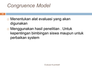 Congruence Model
Evaluasi Kuantitatif
23
 Menentukan alat evaluasi yang akan
digunakan
 Menggunakan hasil penelitian . Untuk
kepentingan bimbingan siswa maupun untuk
perbaikan system
 