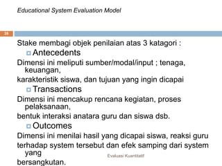 Educational System Evaluation Model
Evaluasi Kuantitatif
28
Stake membagi objek penilaian atas 3 katagori :
 Antecedents
Dimensi ini meliputi sumber/modal/input ; tenaga,
keuangan,
karakteristik siswa, dan tujuan yang ingin dicapai
 Transactions
Dimensi ini mencakup rencana kegiatan, proses
pelaksanaan,
bentuk interaksi anatara guru dan siswa dsb.
 Outcomes
Dimensi ini menilai hasil yang dicapai siswa, reaksi guru
terhadap system tersebut dan efek samping dari system
yang
bersangkutan.
 