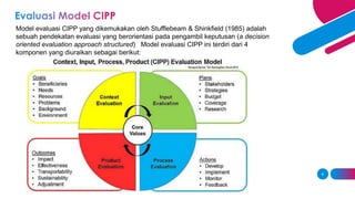 6
Model evaluasi CIPP yang dikemukakan oleh Stufflebeam & Shinkfield (1985) adalah
sebuah pendekatan evaluasi yang berorientasi pada pengambil keputusan (a decision
oriented evaluation approach structured) Model evaluasi CIPP ini terdiri dari 4
komponen yang diuraikan sebagai berikut:
 
