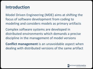 Conflict ManagementIntroductionModel versioningDistributed developmentConflict management in MDERepresentation of model differencesA DSL for conflict specificationSyntaxSemanticsConclusions and future work