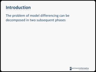 Model DifferencesIntroductionRepresentation RequirementsModel Difference ApproachesEdit Script, ColoringRepresenting Model DifferencesDifference Metamodel, Difference ModelsDifference ApplicationPatchesOperations with DifferencesDual, Sequential and Parallel CompositionConclusions and Future Work