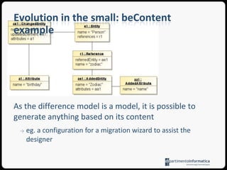 Problem: a simple text generationIn this scenario, a simple change of the metamodel from v1.0 to v2.0 is already pretty troublesome as it would require the adaptation of the models, which can be performed automatically as shown beforethe manual adaptation of the toolsA possible workaround …