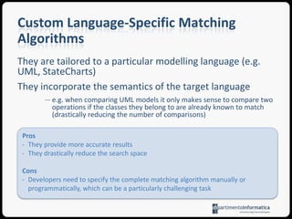 Static Identity-Based MatchingIt is assumed that each model element has a persistent and non-volatile unique identifier that is assigned to it upon creationA basic approach for matching models is to identify matching model elements based on their corresponding identitiesProsit requires no configuration from the user perspective 