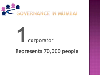 1   corporator

Represents 70,000 people
 
