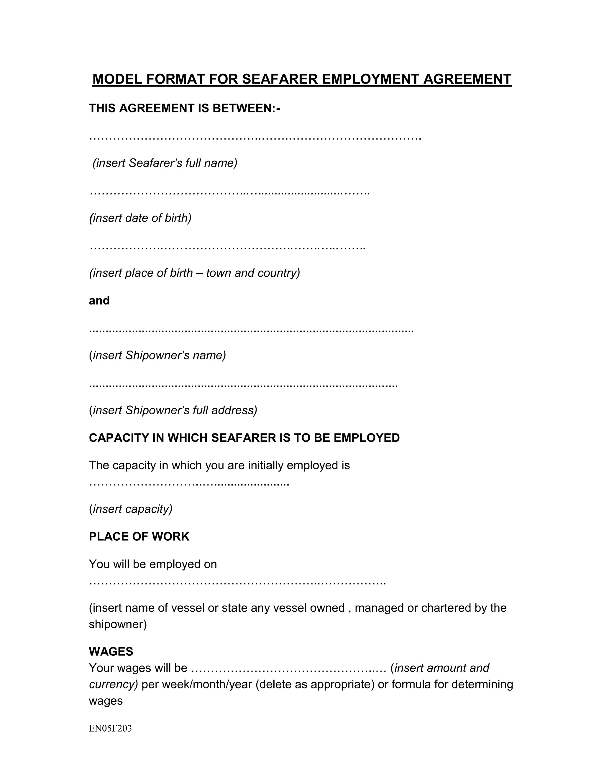 Sea Contract Model format for seafarer employment agreement 2 | PDF